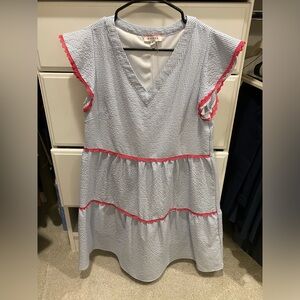 Andree By Unit - S Seersucker Blue/White Stripe Mini Dress (Pink Detail)